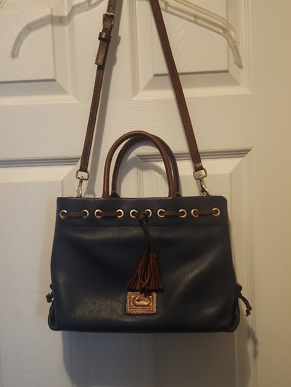 Dooney & Bourke Navy Pebble Leather Satchel with Brown Trim & Tassel